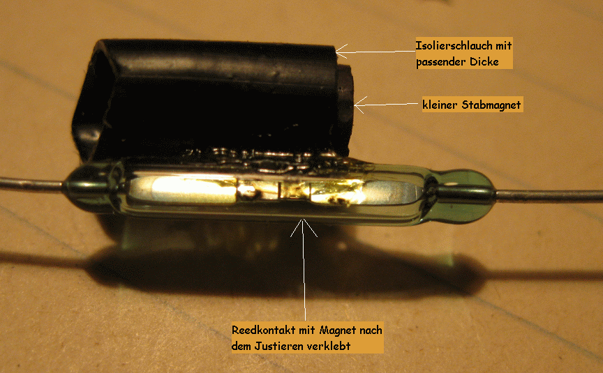 Magnet mit Reedkontakt verklebt